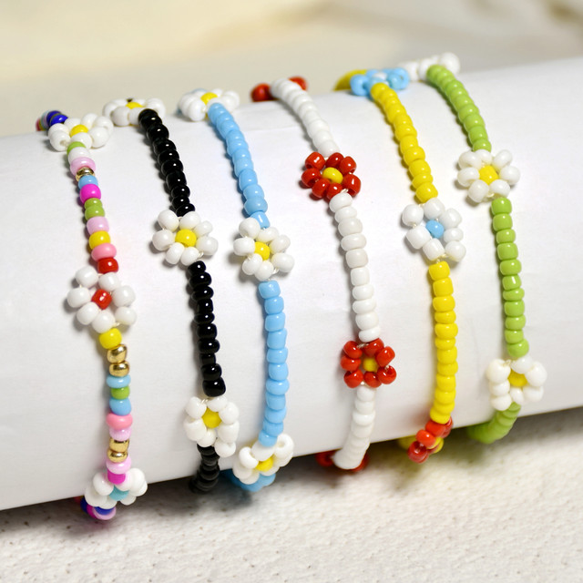 Y2K Bracelets Colored Beaded Bohemian Handmade Braided Flowers